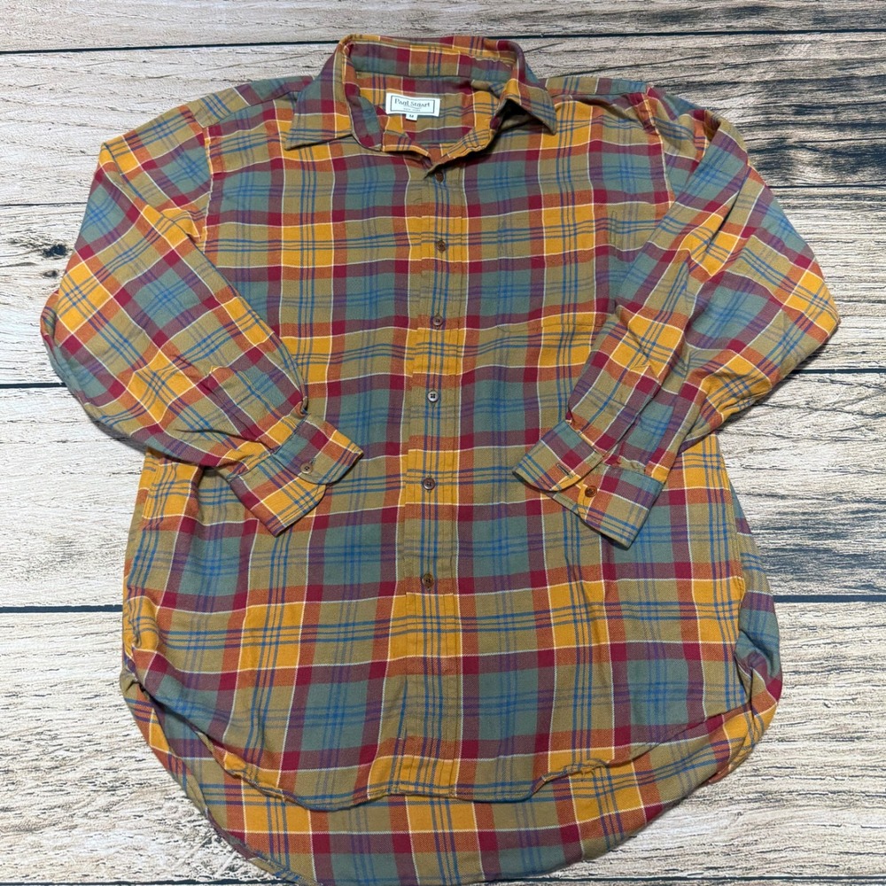 Paul Stuart Button Down Shirt Mens M Red Yellow Plaid Lanella Wool Blend Swiss